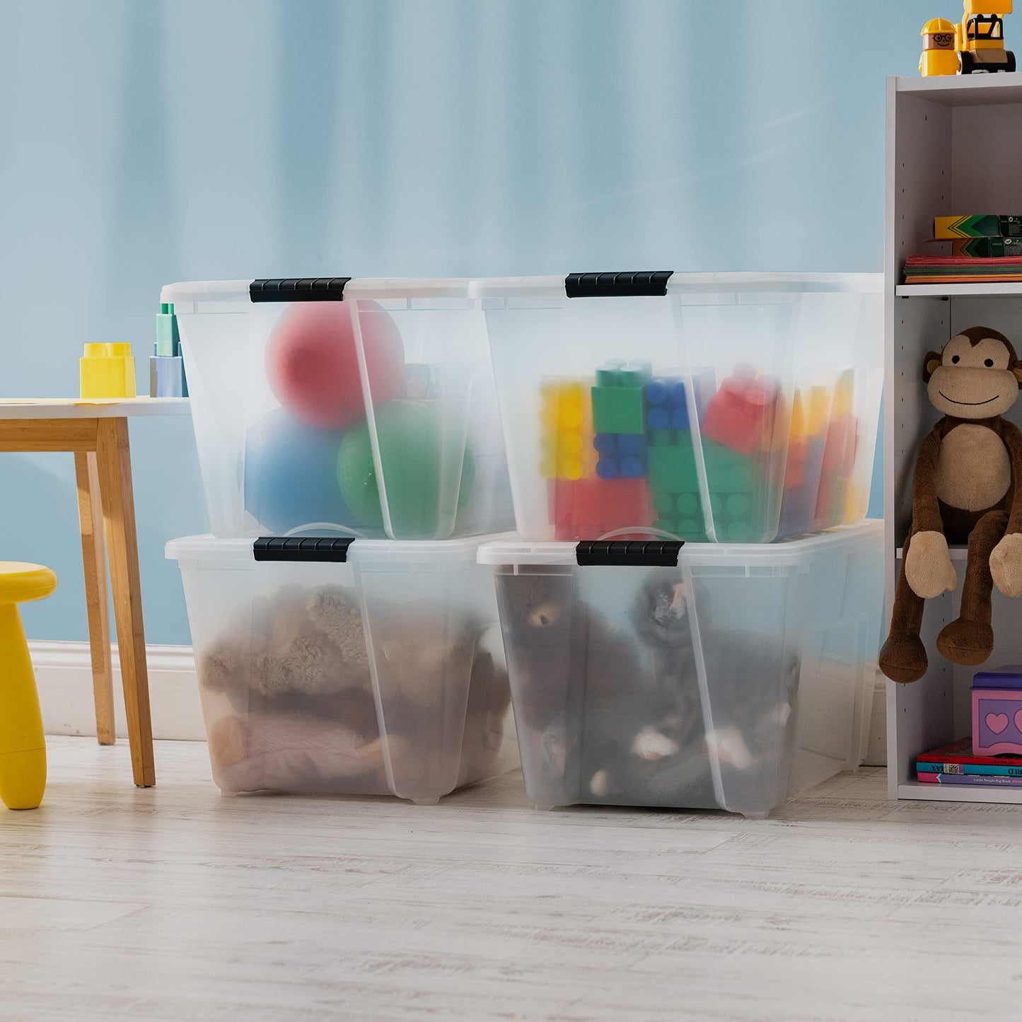 IRIS USA 54 Qt Stackable Plastic Storage Bins with Lids, 4 Pack - BPA-Free, Made in USA - See-Through Organizing Solution, Latches