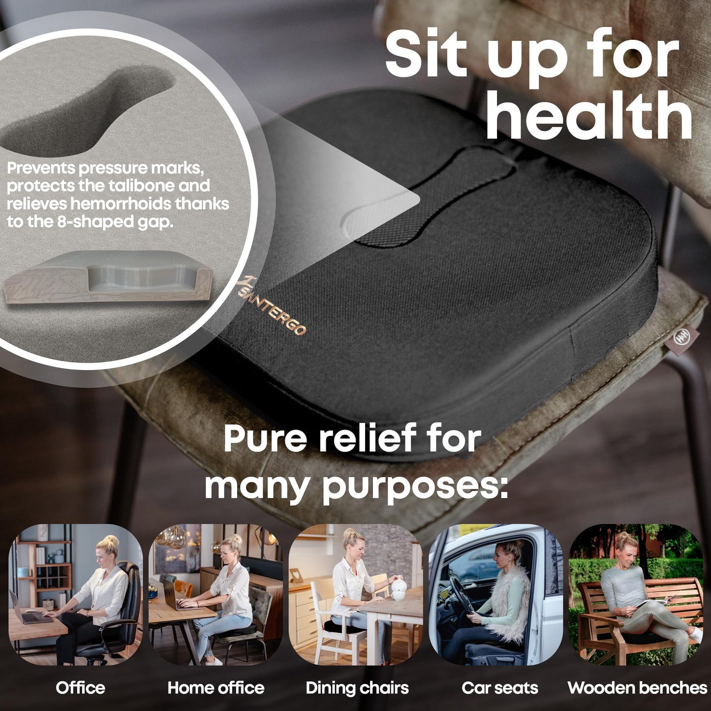 SANTERGO Orthopedic Seat cushion [PATENTED & STABLE] Lumbar Coccyx | Seat cover office chair car wheelchair | seat cushion, ergonomic back cushion
