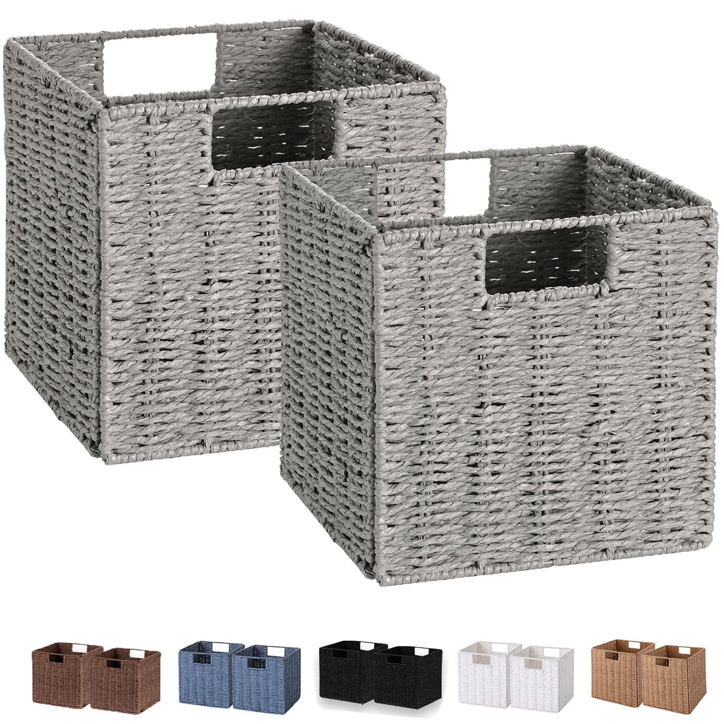 Vagusicc Wicker Baskets, Set of 2 Hand-Woven Paper Rope Storage Bins, Foldable Storage Cubes, Large Storage Baskets for Gifts Empty