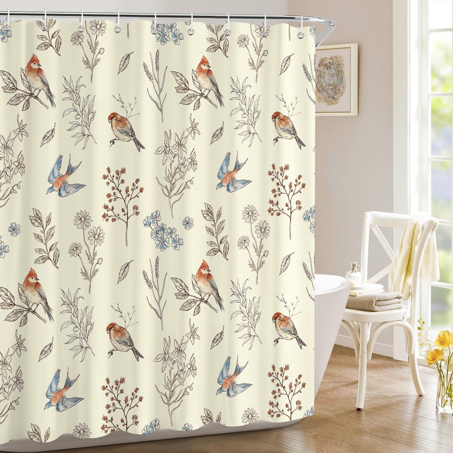 Dazzlewall Beige Birds Shower Curtain for Bathroom Mould & Mildew Resistant