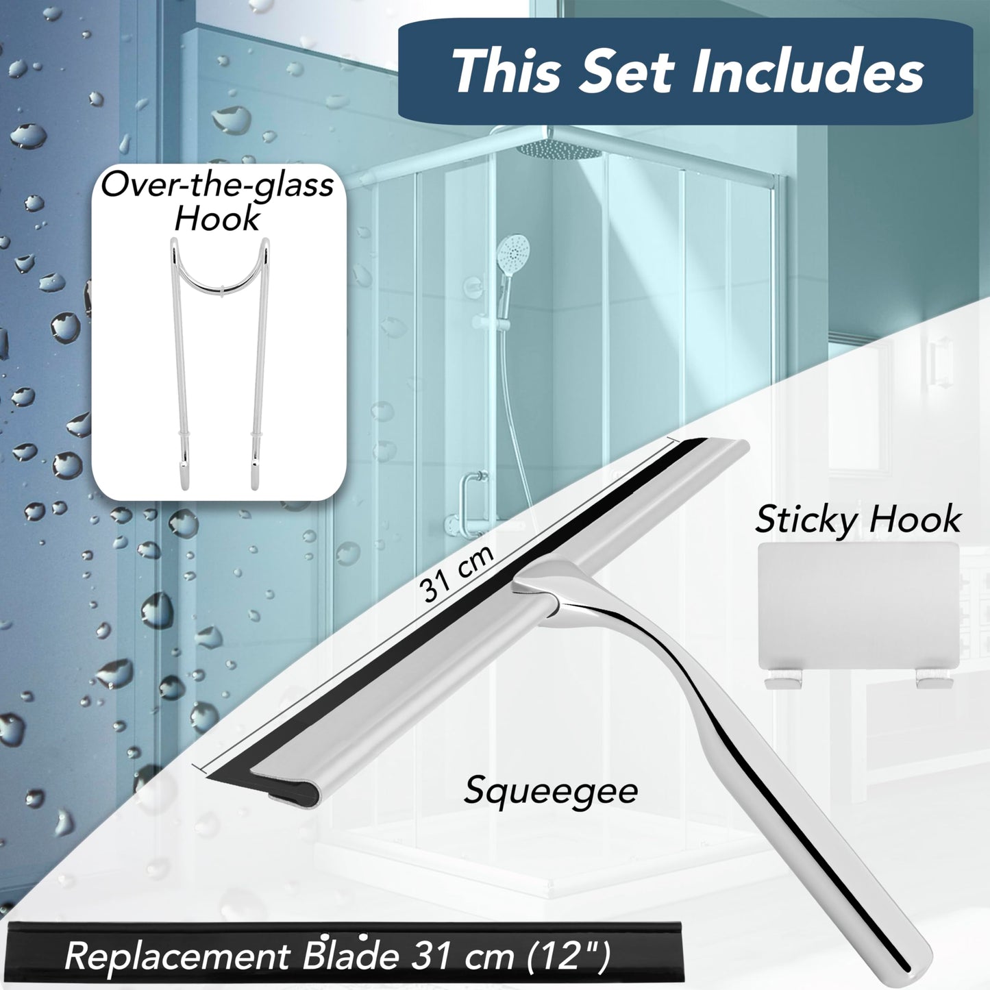 kowald Shower Squeegee Stainless Steel 31 cm Wide with 2 Different Hooks and Replacement Lip