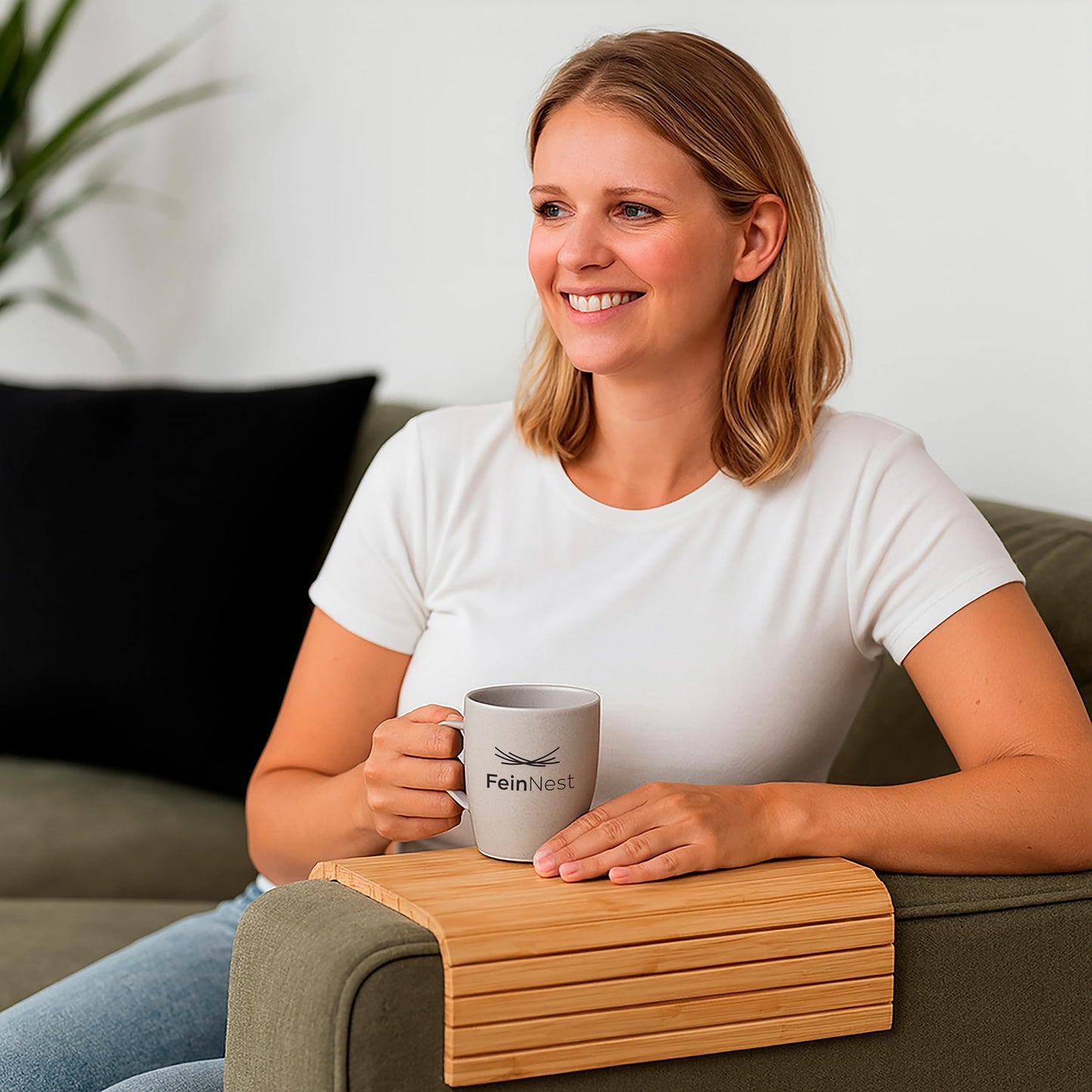 FeinNest Sofa Tray - Flexible Bamboo Couch Armrest Organiser with Non-Slip Base 41.5 x 34 cm Natural Wood Gift Packaging (For Square Backrests Only)