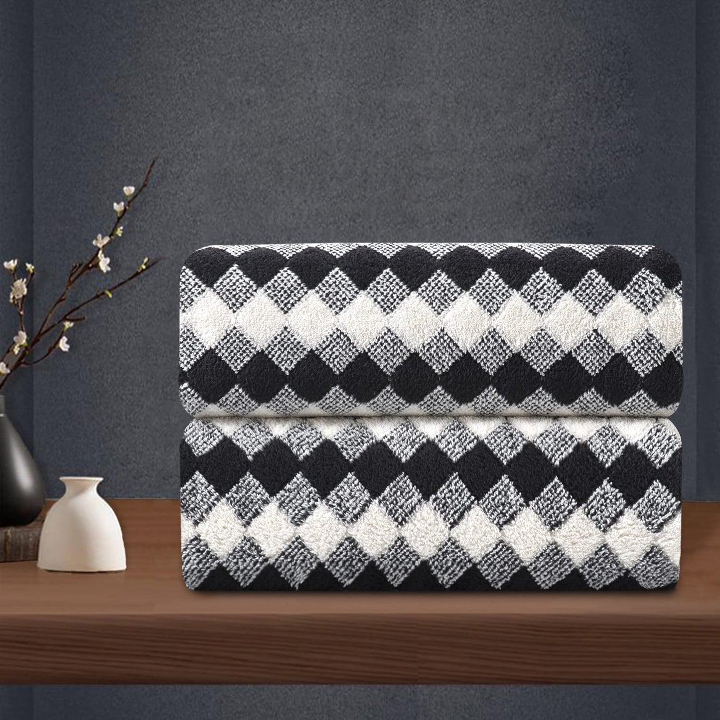MAGGEA 2 Hand Towel Set 16"x31" Black White Towel Set for Bathroom,Highly Absorbent & Quick Dry Hand Towel for Daily Use,Soft Microfiber Multipurpose
