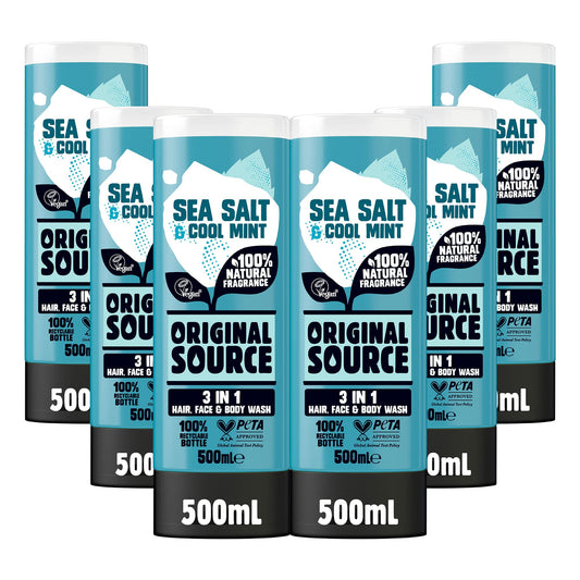 Original Source Mens 3in1 Sea Salt & Cool Mint Shower Gel, 100 Percent Natural Fragrance, Vegan, Cruelty Free, Paraben Free, Bulk Buy, Pack of 6 x 500