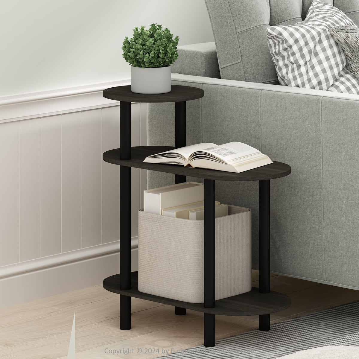 Furinno TURN-N-TUBE Side Table, 3-Tier Oval Sofa End Table with Open Shelf, Toolless Assembly Night Stand, Bedside Table, for Living Room, Bedroom