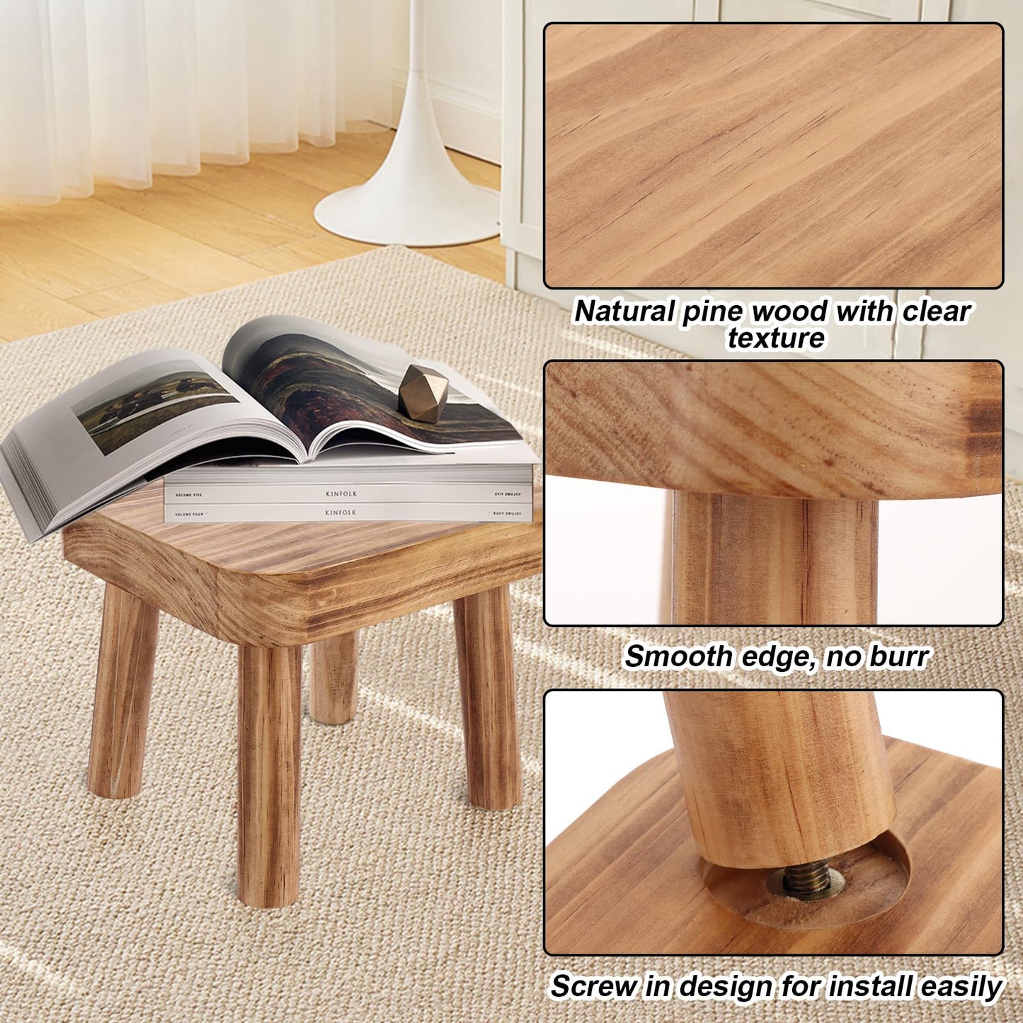 LOLYSIC Small Wooden Stool, Pine Wood Plant Stand 24 x 22 x 20 cm, Mini Square Stool with Removable Legs, Low Wooden Step Stool
