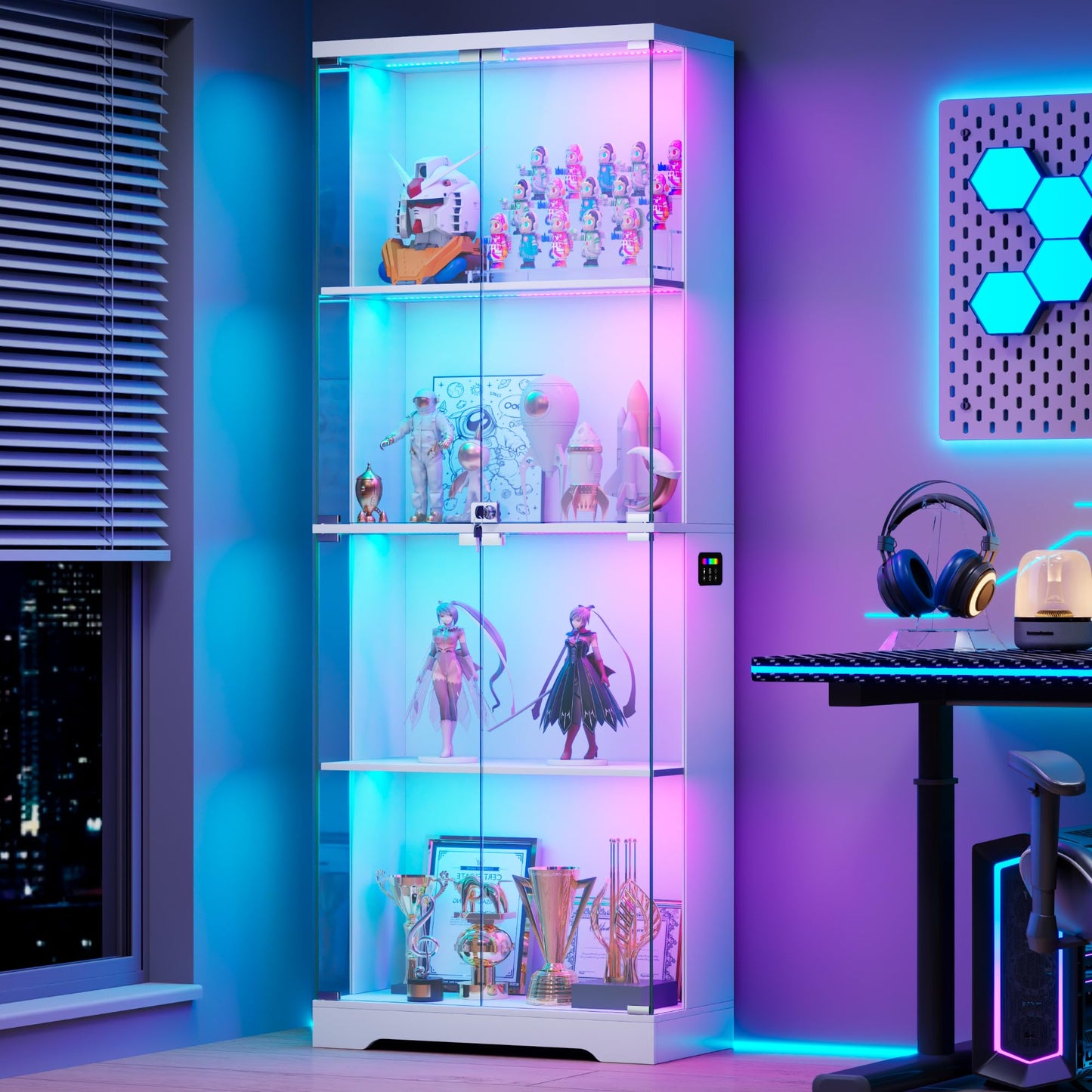 FREDEES Glass Display Cabinet with RGB Lights, 4-Tier, White