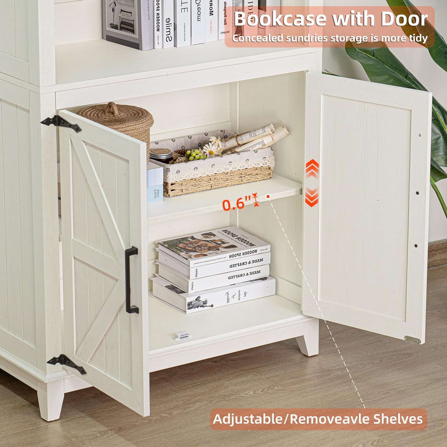 LELELINKY 70in Tall Bookshelf 5 Tier Bookcase with Barn Doors and Adjustable Shelves, White Farmhouse Book Shelf with Storage Cabinet