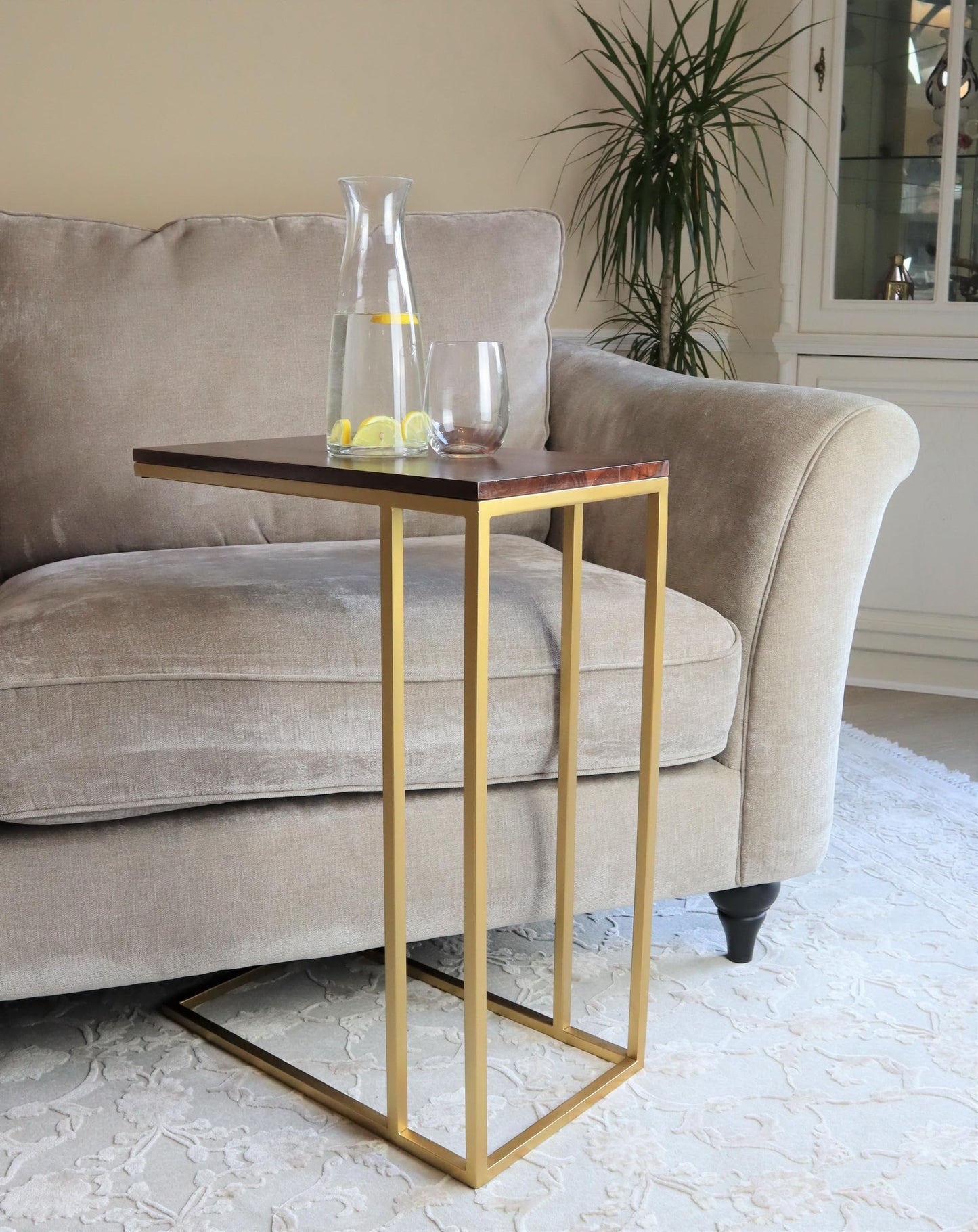 ASPECT Romy C-Sofa Table/Side/Laptop Table (Brown Acacia Wood Top/Gold Frame, 51x28x66(H) cm) ST93BR/G