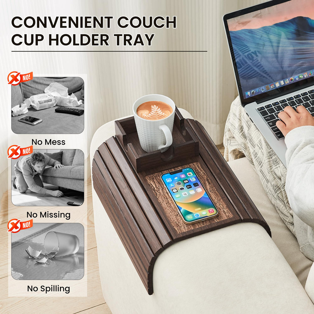 LOVYANXUE Bamboo Sofa Arm Tray Table, Foldable Couch Cup Holder, Anti-Slip Wide Couch Arm Tray Aremrest Table for Drink, Cup, Remote, Snacks