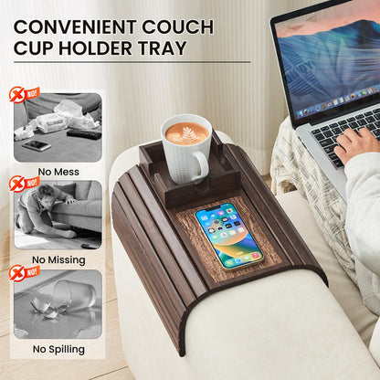 LOVYANXUE Bamboo Sofa Arm Tray Table, Foldable Couch Cup Holder, Anti-Slip Wide Couch Arm Tray Aremrest Table for Drink, Cup, Remote, Snacks