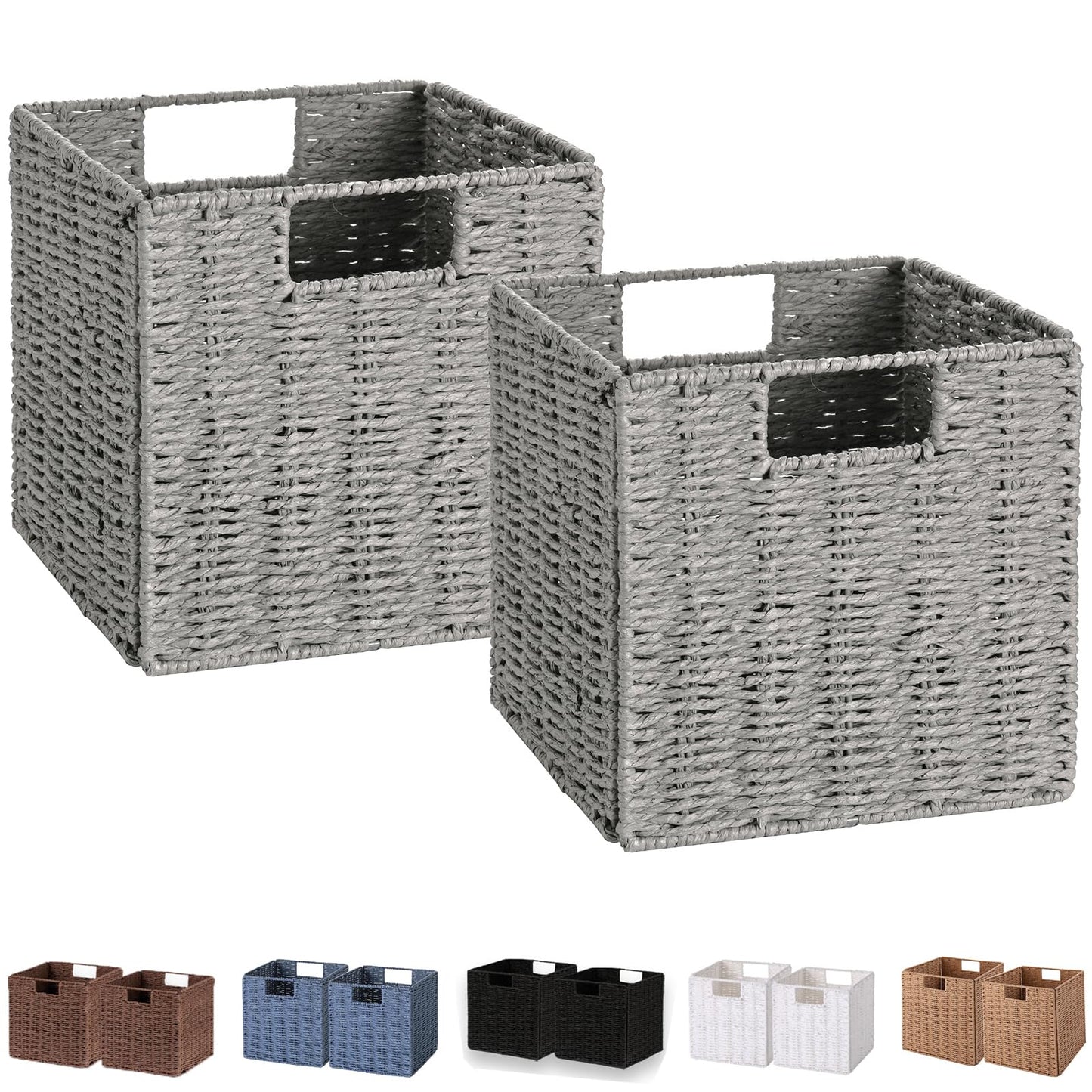 Vagusicc Storage Basket, Set of 2 Hand-Woven Paper Rope Wicker Baskets for Storage, Foldable Cube Storage Bins Organizer