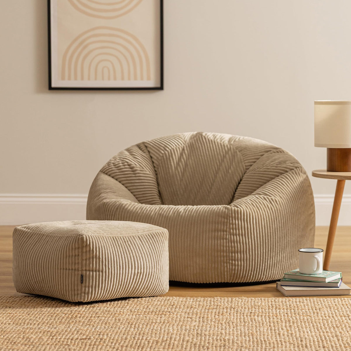 icon Kingston Cord Bean Bag & Footstool with Filling Included, Beige