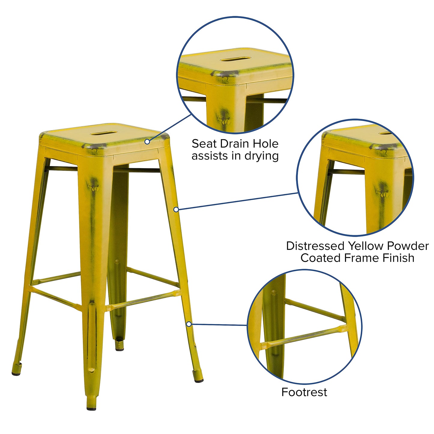 Flash Furniture Commercial Grade 4 Pack 30" High Backless Distressed Yellow Metal Indoor-Outdoor Barstool