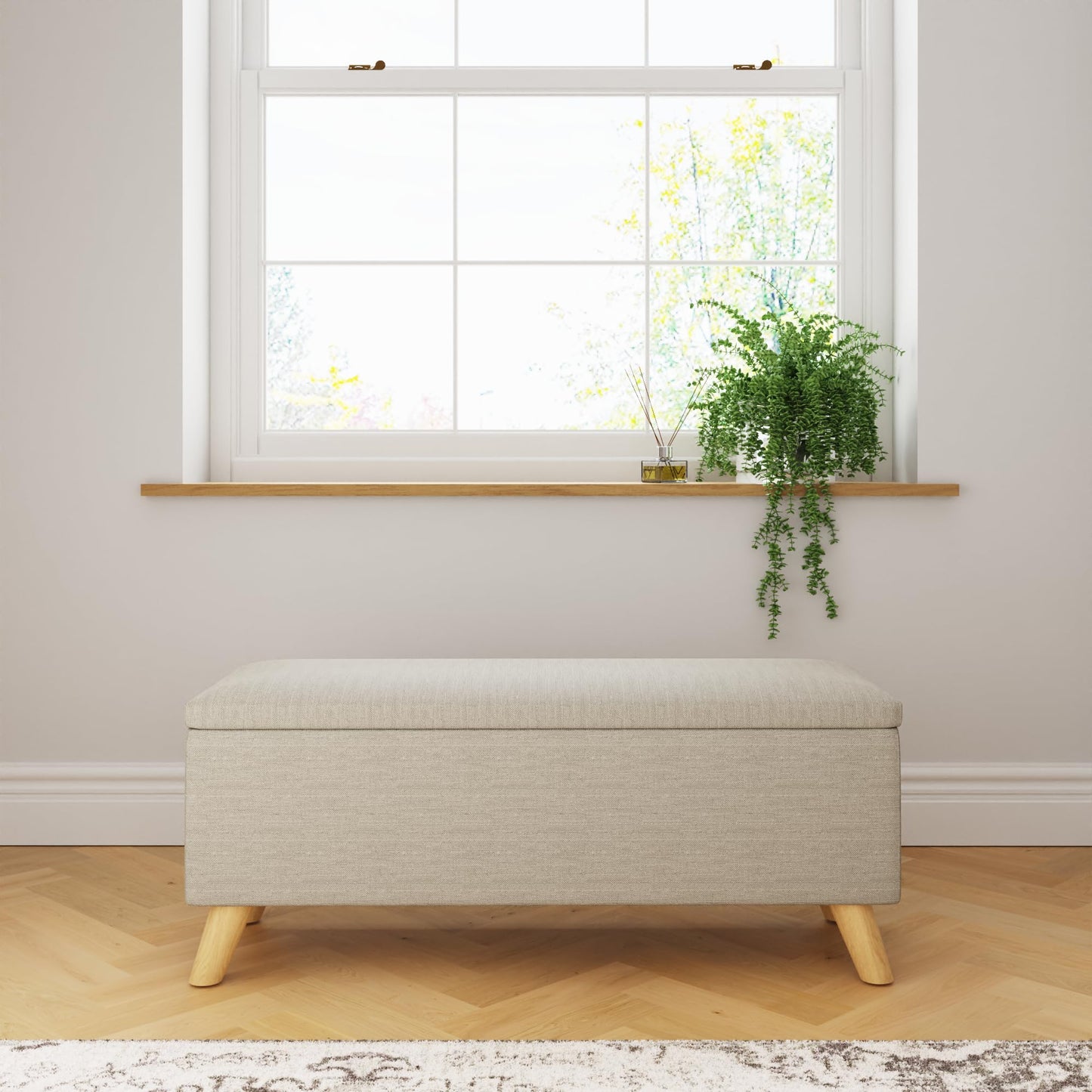GFW Secreto Ottoman Storage Bench in Natural Fabric, Upholstered Footstool with Wooden Legs & Hidden Storage