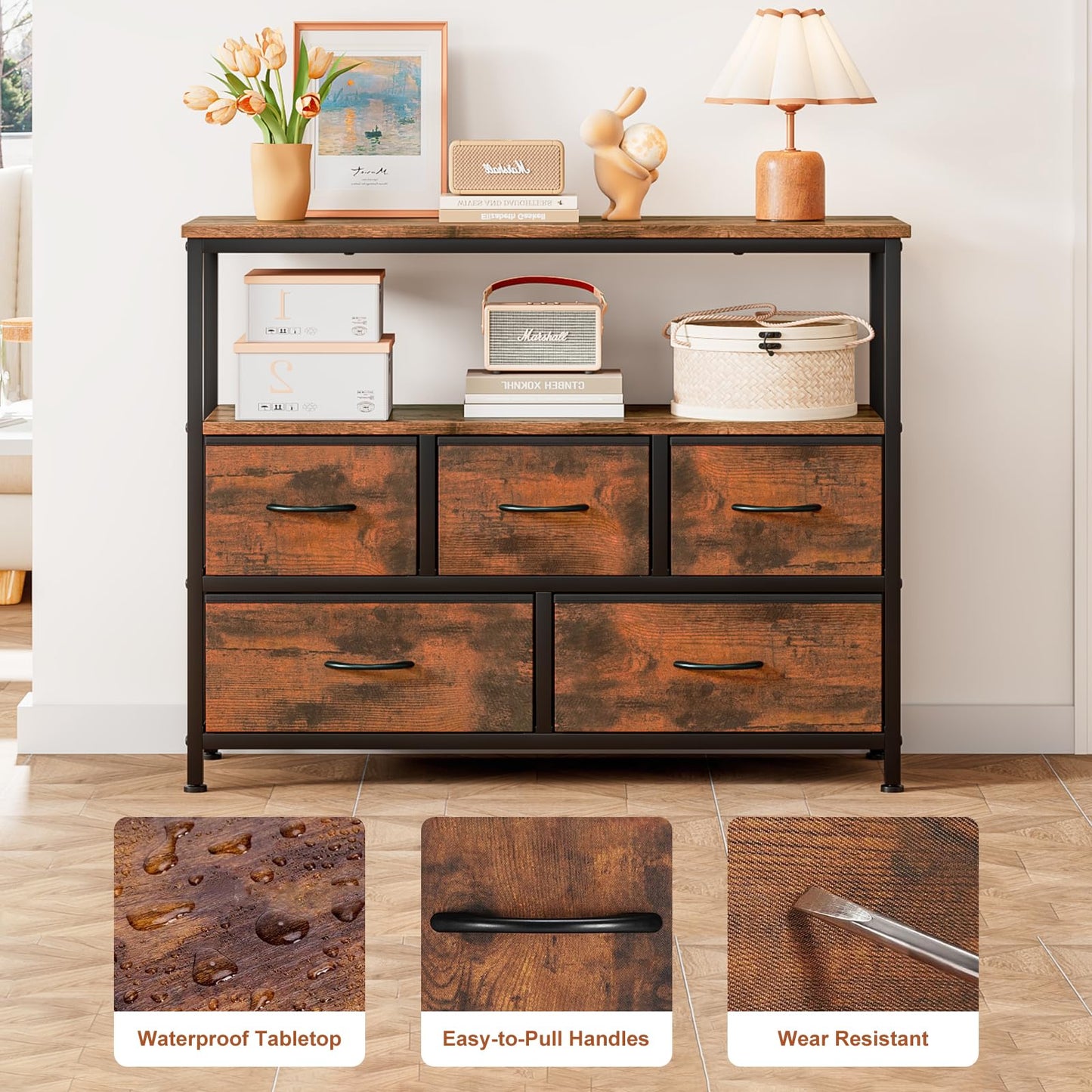 Taotigzu TV Stand with 5 Fabric Drawers,TV Cabinet for TVs up to 65”(Brown)