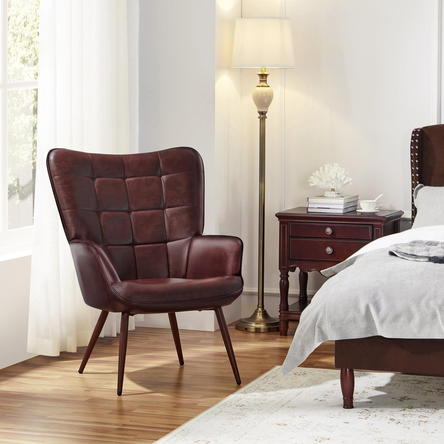 Yaheetech Accent Chair Faux Leather Modern Armchair High Back Sofa Chairs for Living Room/Bedroom, Chestnut Brown