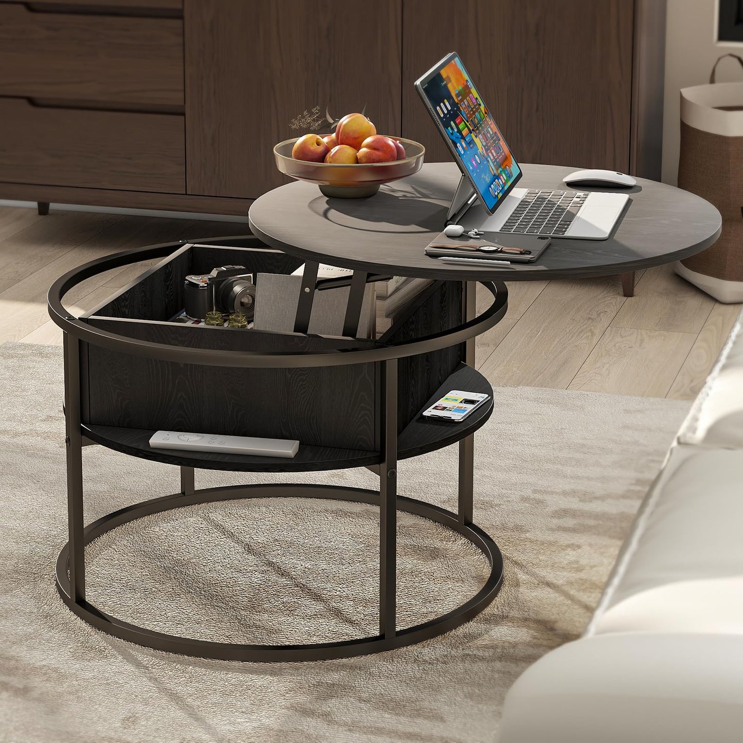 HOJINLINERO Round Coffee Table,Lift Top Coffee Tables for Living Room,Wooden Coffee Table with Hidden Storage & Lift Up Top,Modern Sofa Tea End