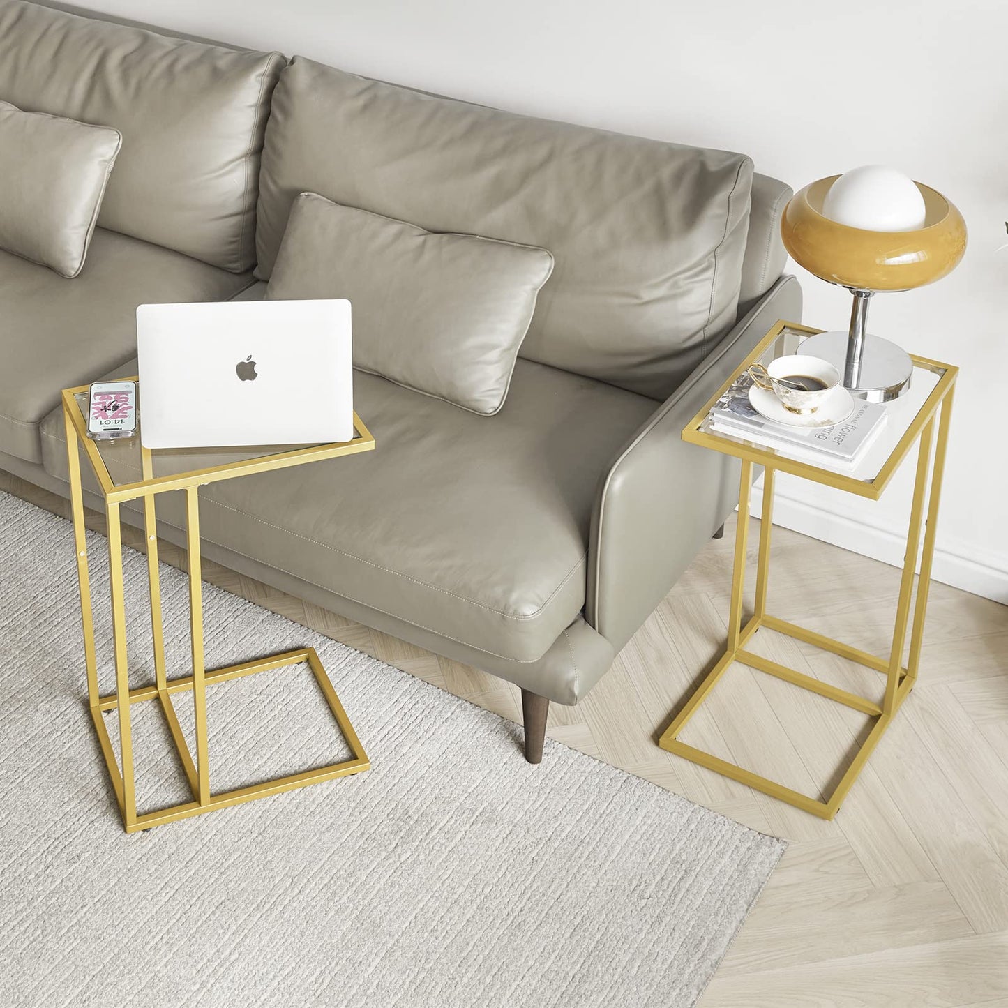 YMYNY C Shaped End Table, Tempered Glass Snack Side Table for Small Space with Metal Frame, Narrow Couch Table, for Living Room, Bedroom
