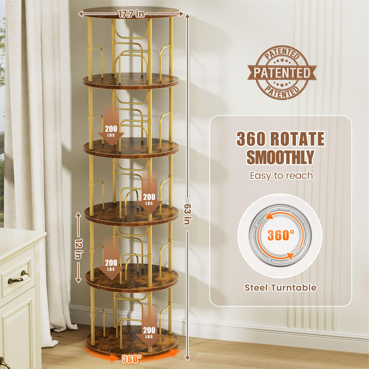 OCTORO 5 Tier Rotating Bookshelf, 360° Corner Bookshelf Tower, Round Revolving Bookcase with Adjustable Levels, Spinning Book Shelf for Home Office