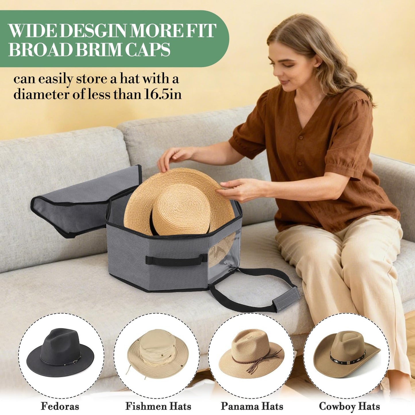 GarveeMore 3 Pack Hat Box for Travel Cowboy Hat Travel Case Carrier Bag with Shoulder Strap, 42x42x19cm Collapsible Cap Case with Cardboard
