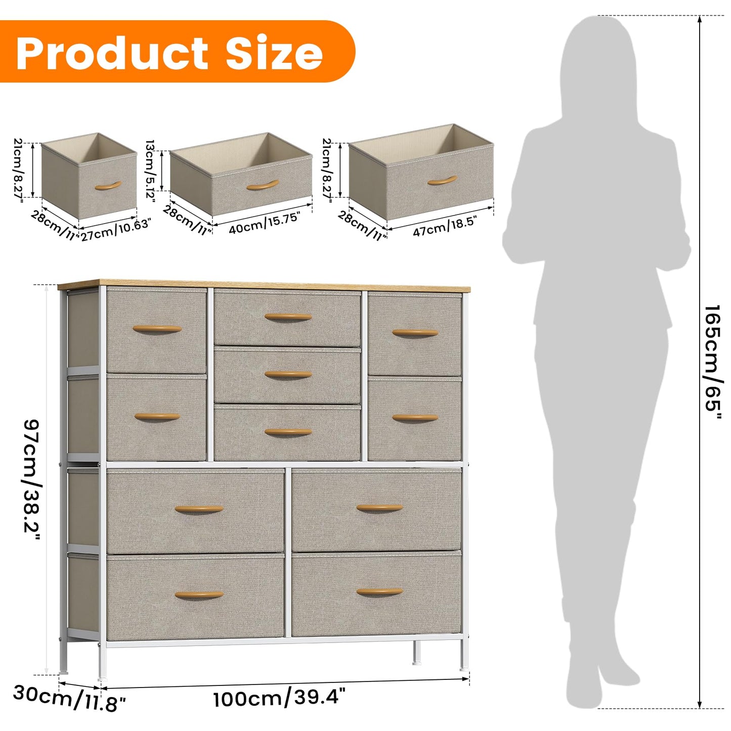 Feonase Chest of Drawers,Bedroom Tall Dresser with 11 Fabric Drawers, Metal Frame & MDF Wood Top, Adjustable Feet, Storage Organizer Unit for Bedroom
