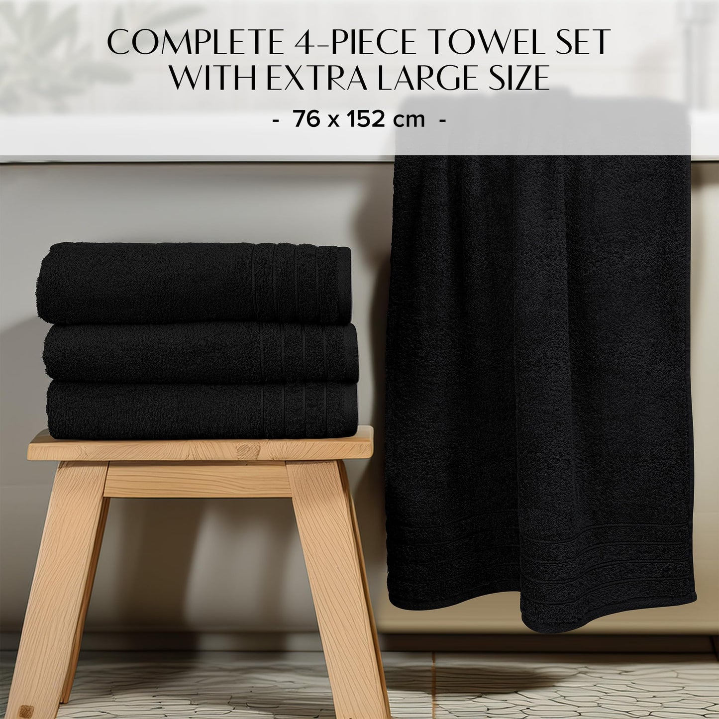 100% Cotton Extra Large Bath Towels Set of 4 (76x152cm) Black - 450 GSM