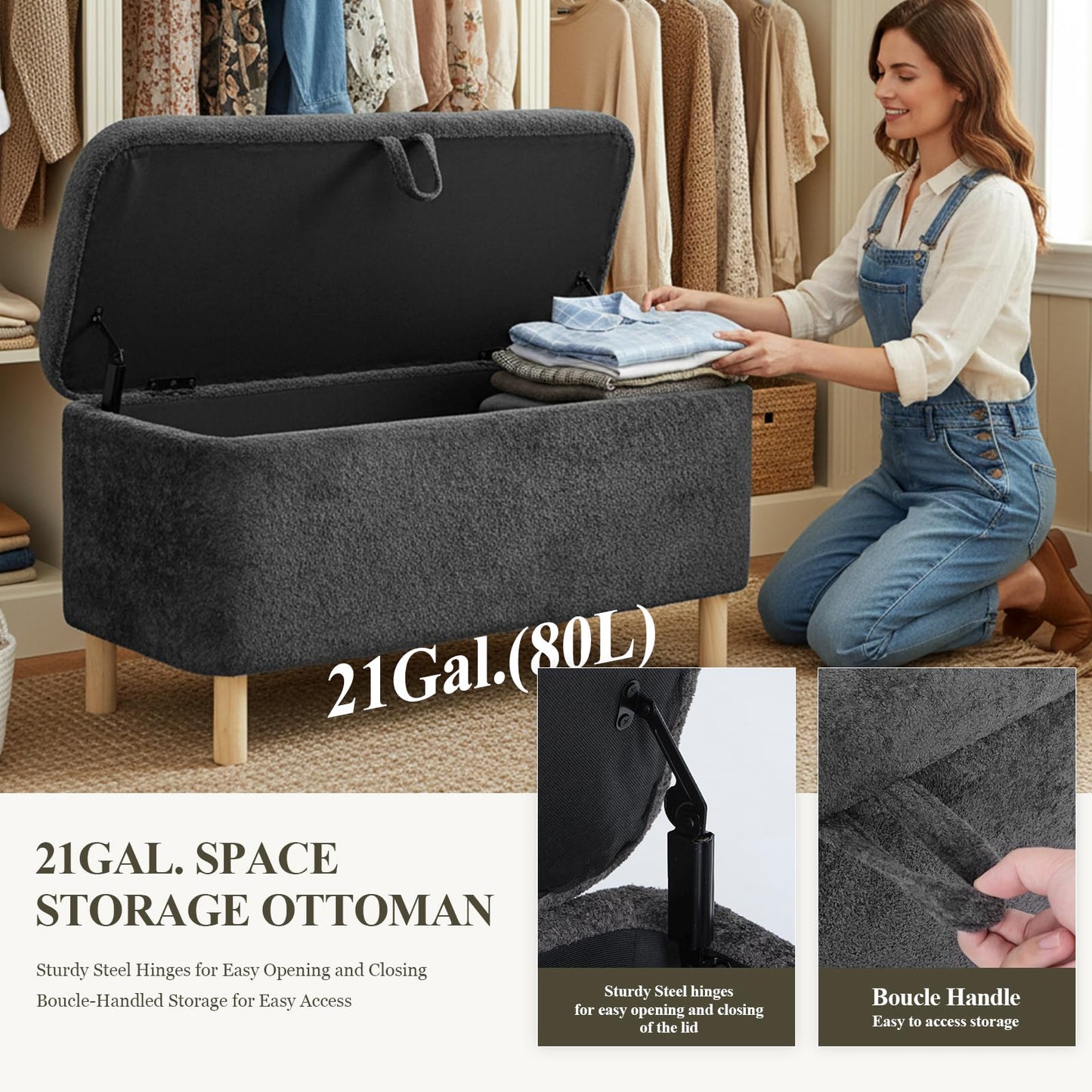 COLAMY Large Ottoman Storage Box for 80L，Wooden Ottoman Storage Bench with Anti-Slip Pads and Lift-Up Lid, Foot Stool for Living Room, Bedroom