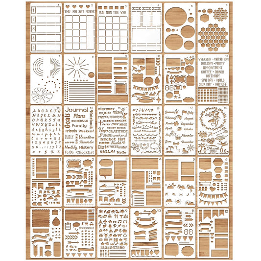 MWOOT 30Pcs Mixed Journal Stencils Kit, Planner Stencil Drawing Painting Template, Reusable Shapes Bullet Diary Journal DIY Supplies for Scrapbook