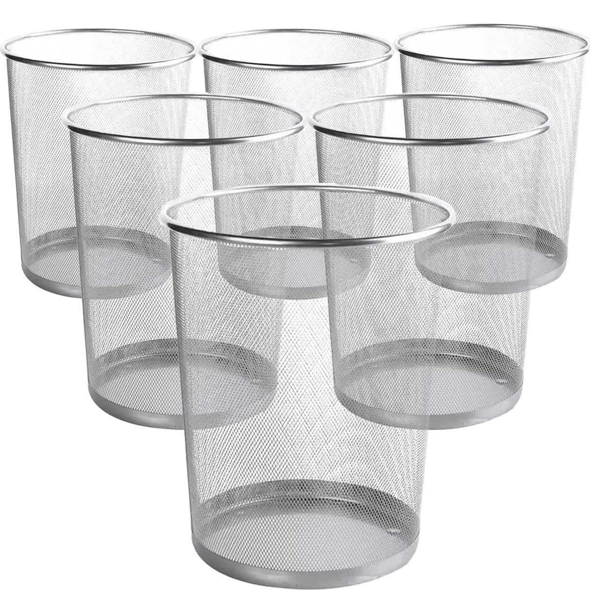livexa 6 Pack Metal Mesh Waste Paper Bin 12 Litres Lightweight Mesh Wastebasket Waste Bin Silver Metal Rubbish Bin for Bedroom, Office, Bathroom