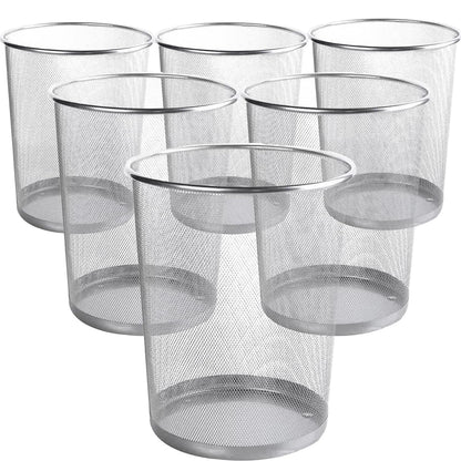 livexa 6 Pack Metal Mesh Waste Paper Bin 12 Litres Lightweight Mesh Wastebasket Waste Bin Silver Metal Rubbish Bin for Bedroom, Office, Bathroom