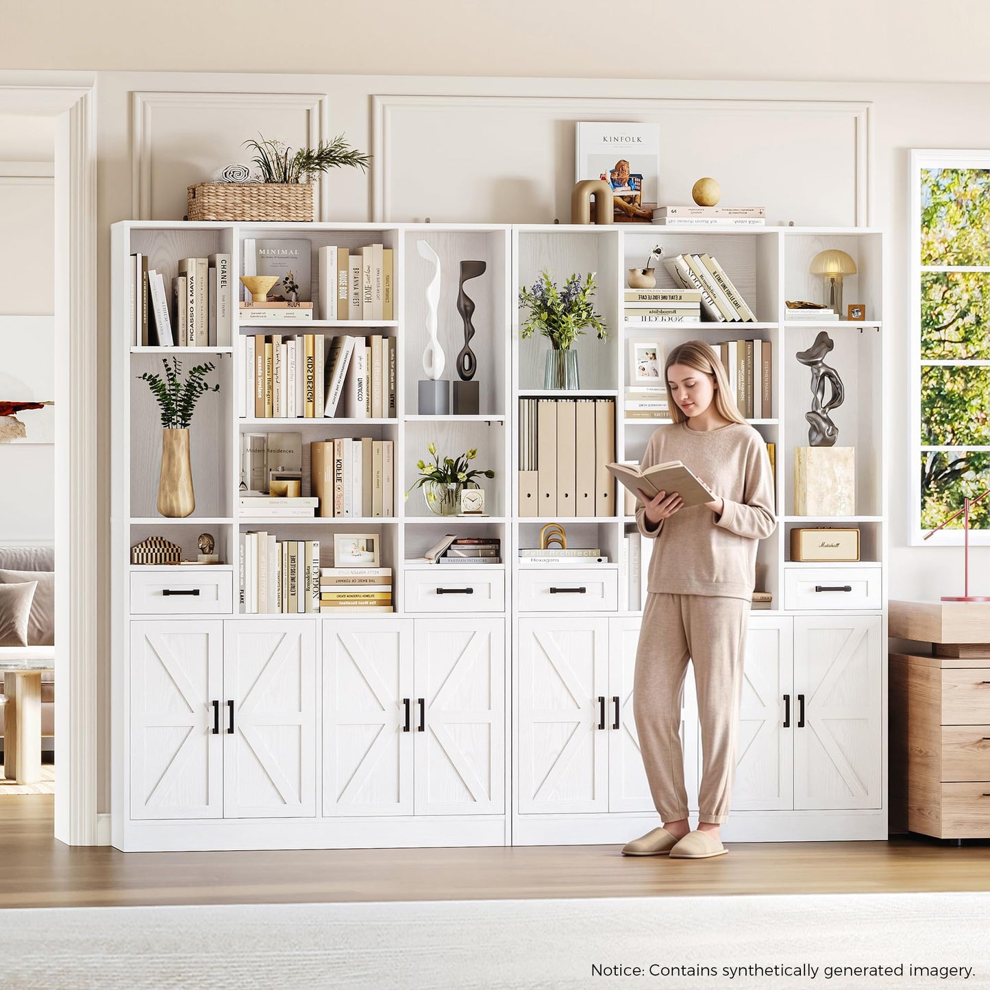 IRONCK Bookcase Bookshelf with Doors & Drawers 190cm Tall Living Room Bookcases,10 Multi-Size Open Compartments, Free Standing Display Shelf