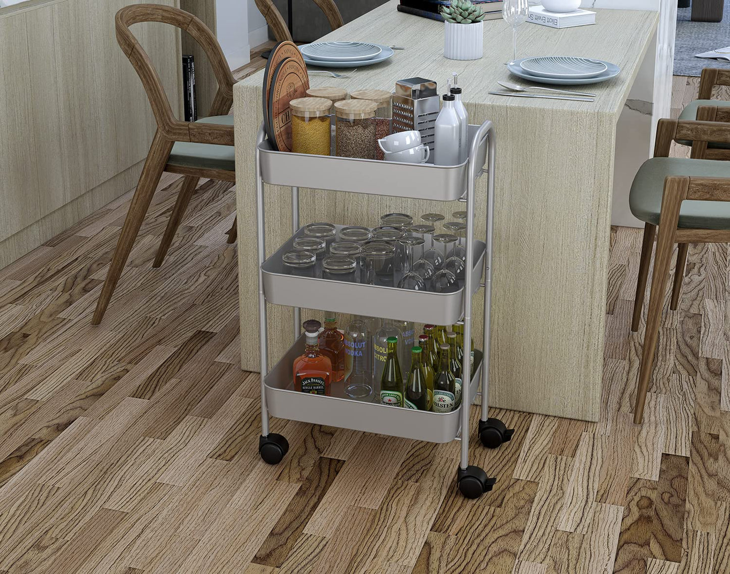 Mabel Home Storage Cart 3 Tier with Wheels and Handle, Metal Storage Utility Rolling Trolley, Multi-Purpose (Grey)