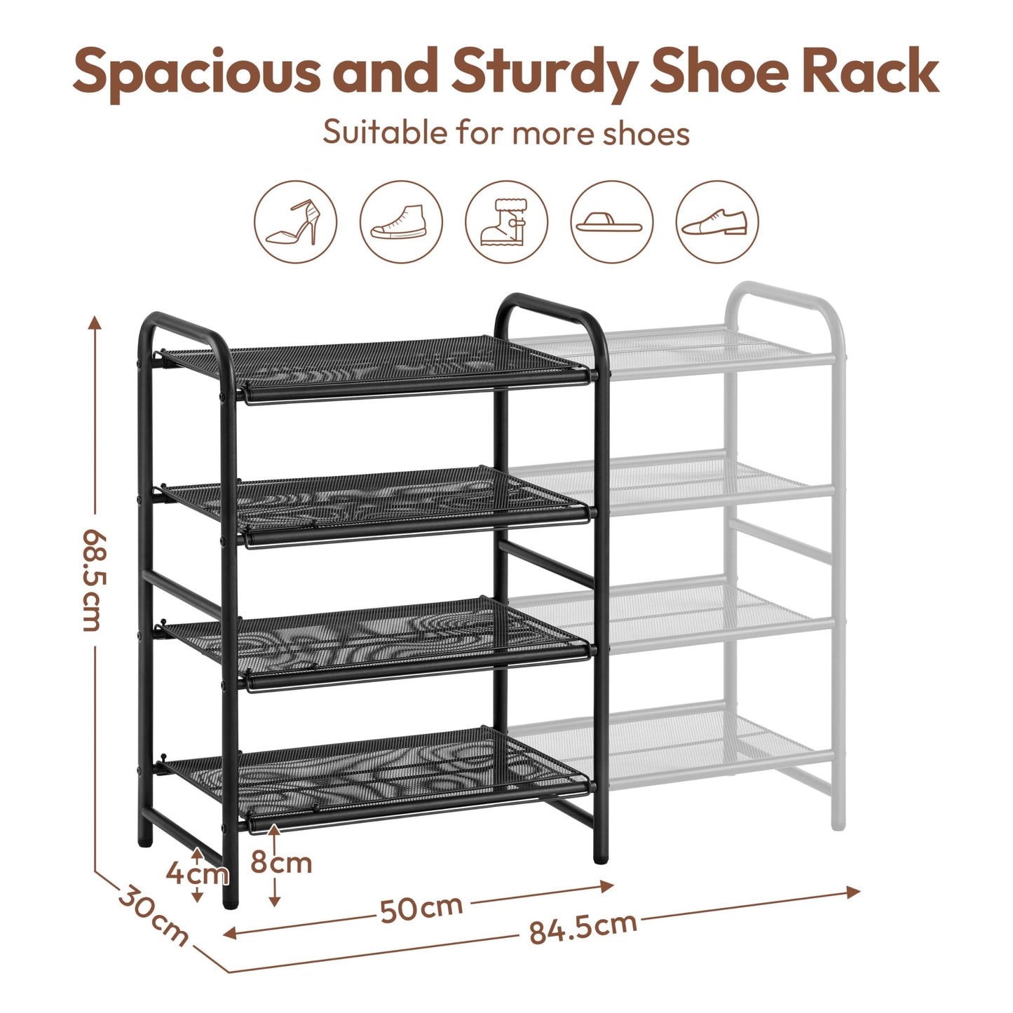 Yaheetech 4 Tier Extendable Shoe Rack with Mesh Shelf, Adjustable Shoe Organiser for Closet, Tool-Free Assembly, Stable Construction
