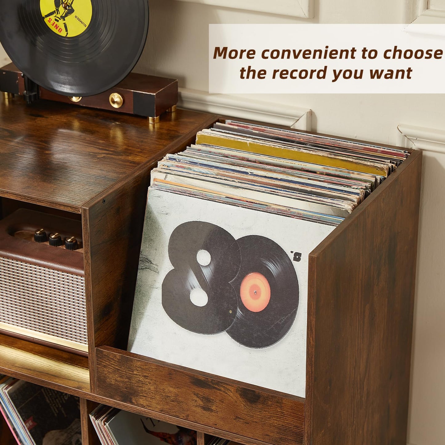 LELELINKY Large Record Stand With Storage and Shelf - Vinyl Holder With Presentation Surface for Up to 300 Albums - Music Room and Living Room