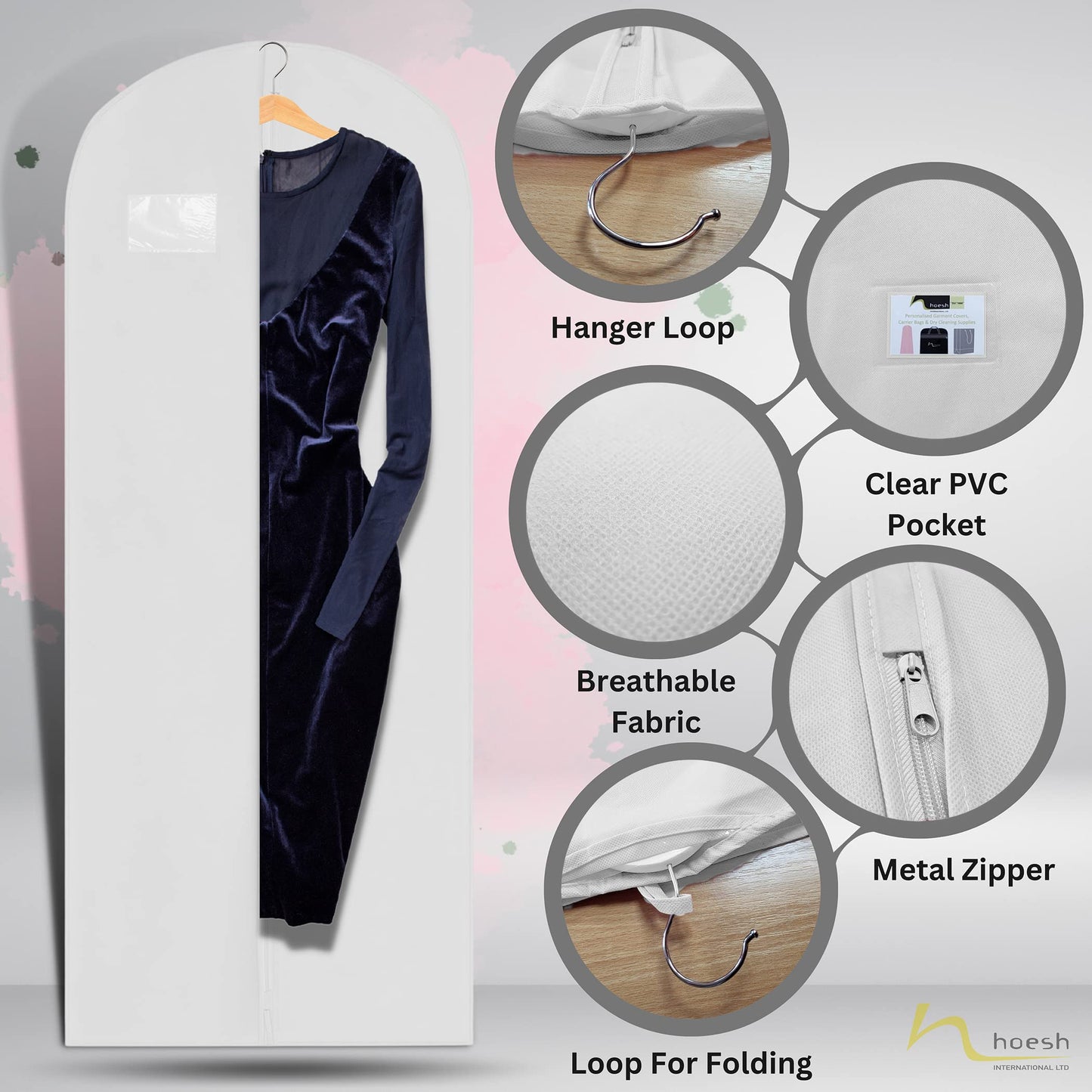 Hoesh UK Women White 60 Inches Breathable Bridesmaids Long Zip Wedding Gown Dress Travel Storage Garment Cover Bag