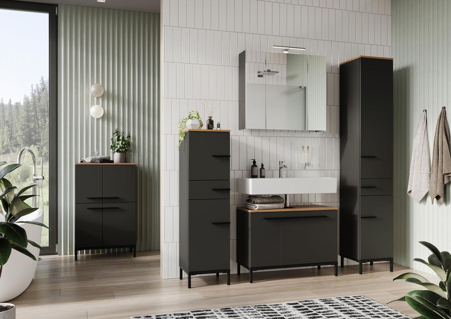 Germania Cabinet 2646-549 GW-YONKERS, in graphite/Navarra oak repro, with soft-close doors, 34 x 190 x 34 cm (WxHxD)