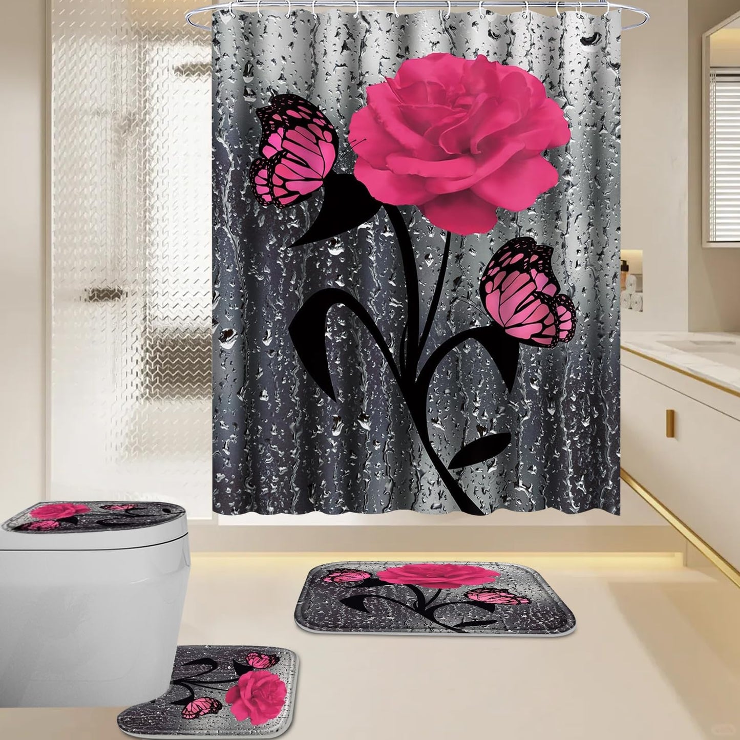 BXFUL 4 Piece Waterproof Shower Curtain Set for Bathroom-Rose-Non-Slip Bath Mat and 12 Hooks,Curtain Set with Rug,Toilet Lid Cover Bathroom
