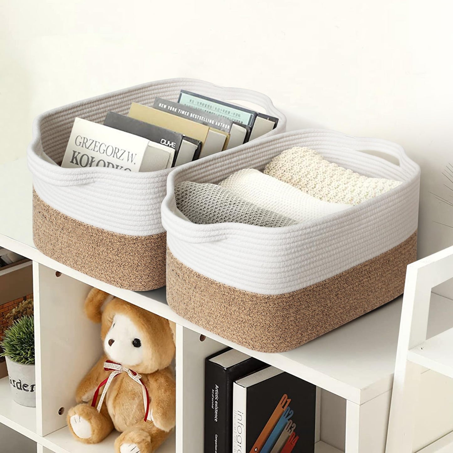 WILLITAT Woven Storage Basket, Medium Cotton Rope Bathroom Storage Basket for Shelves, Rectangular Basket for Towels, Shoes, Books, Gifts