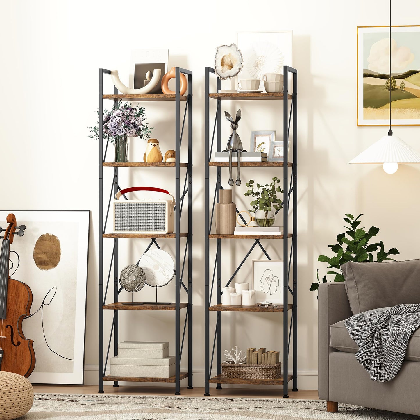 YITAHOME Bookcase, 5 Tier Industrial Shelving Unit, Wooden Shelves and Metal Frame, Display Storage Rack for Living Room, Home Office, Kitchen