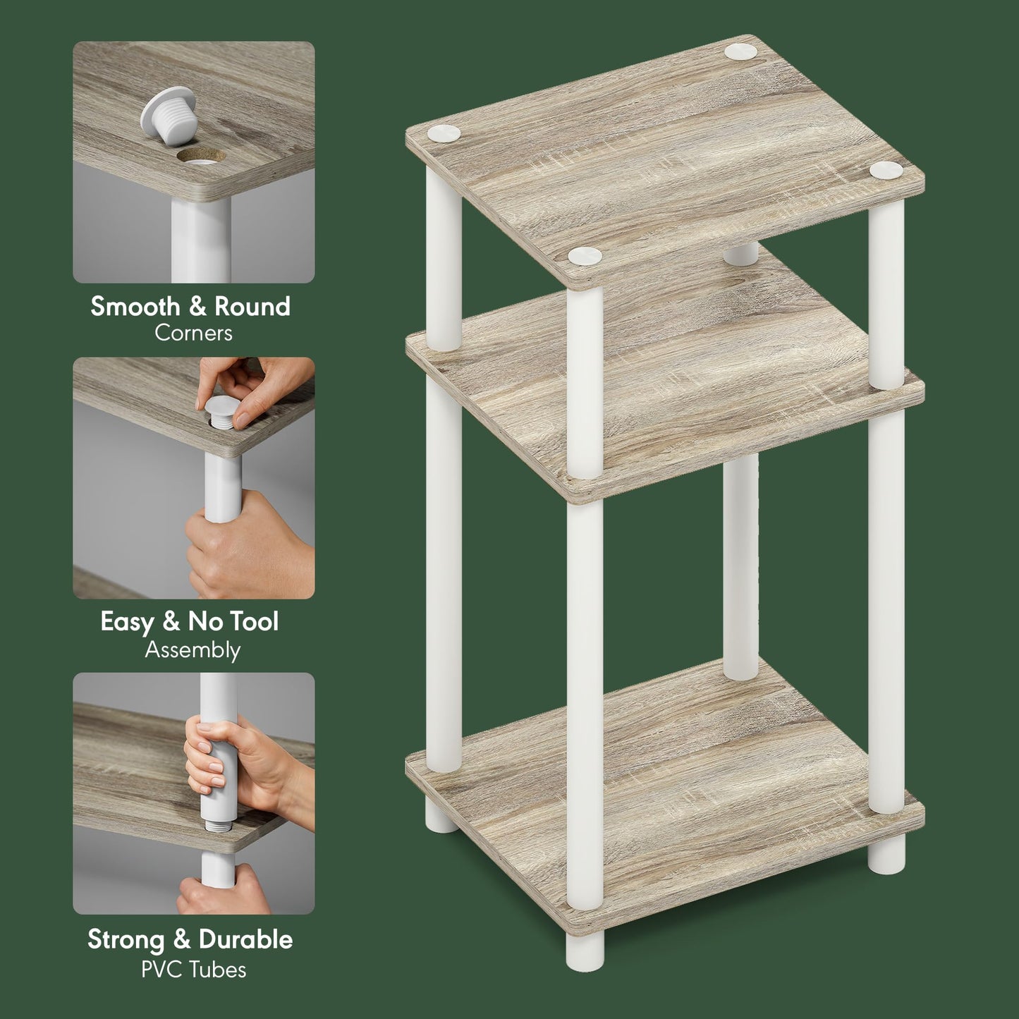 Furinno JUST Side Table, 3-Tier End Table, Open Shelves Night Stand, Bedside Table, Toolless Assembly, for Living Room, Bedroom, Sonoma Oak