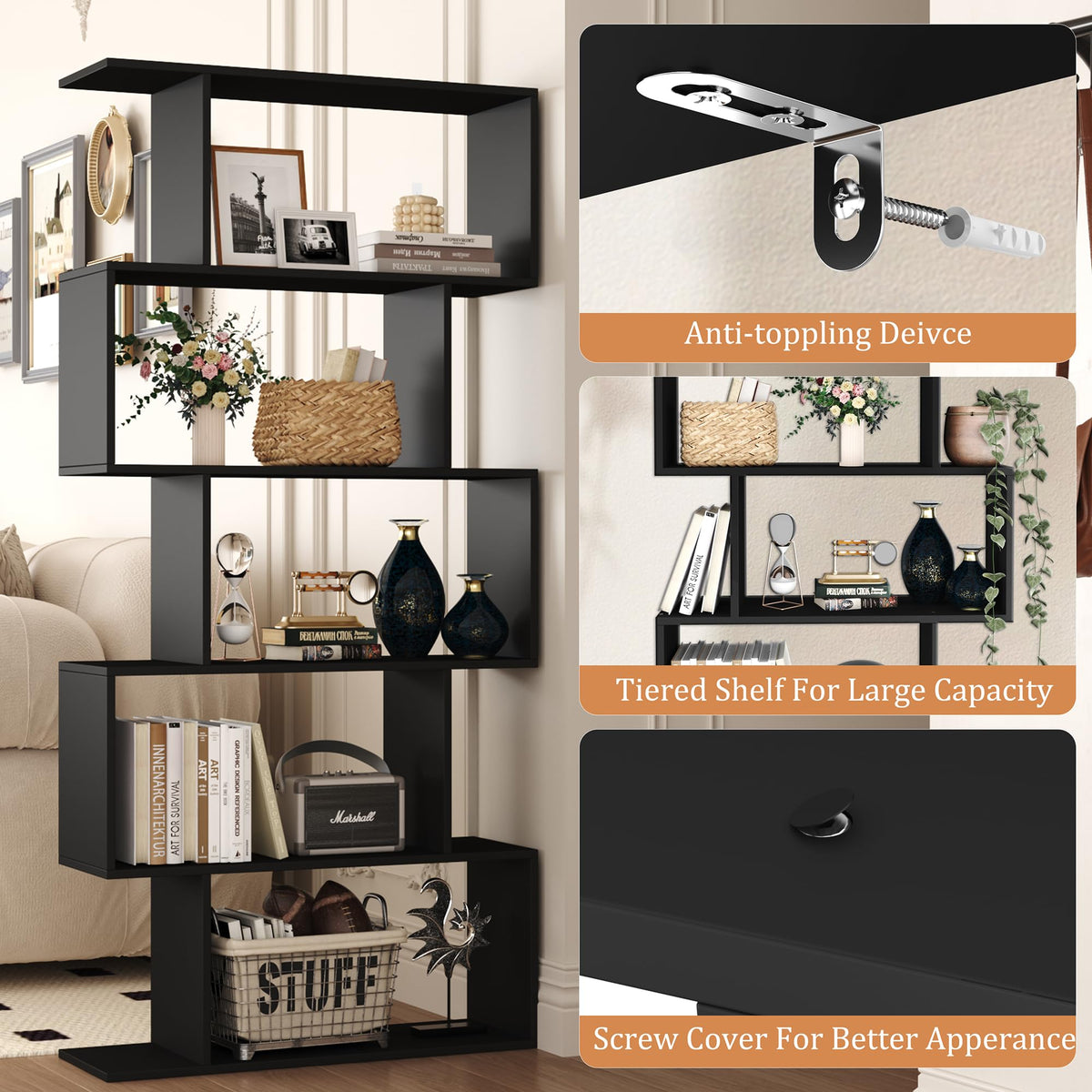 Yusong Bookshelf 5-Tier, Geometric Bookcase S Shaped Book Shelves for Bedroom, Modern Wood Decorative Display Shelf Book Case for Home Office