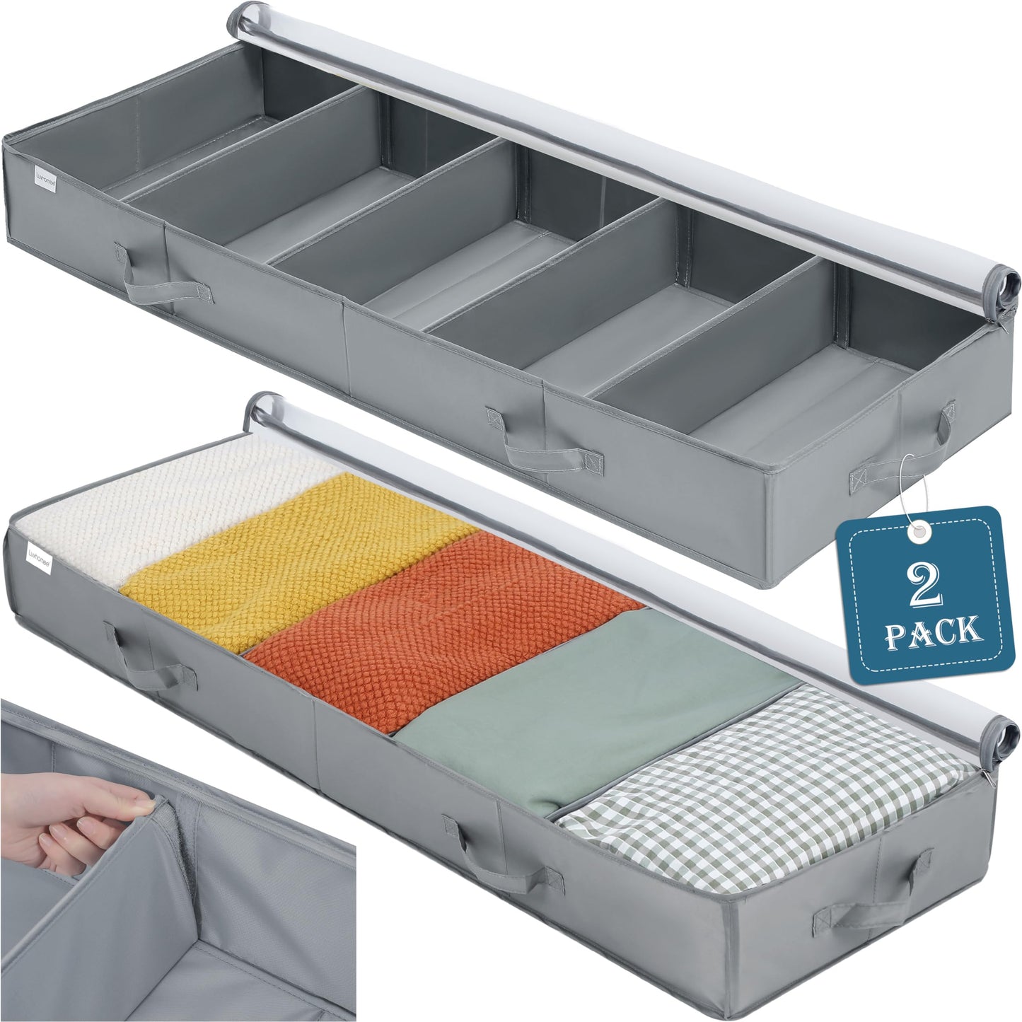 Under Bed Storage Bags, 2 Pack Large Boxes Under the Bed Clothes Storage Organiser Adjustable Dividers