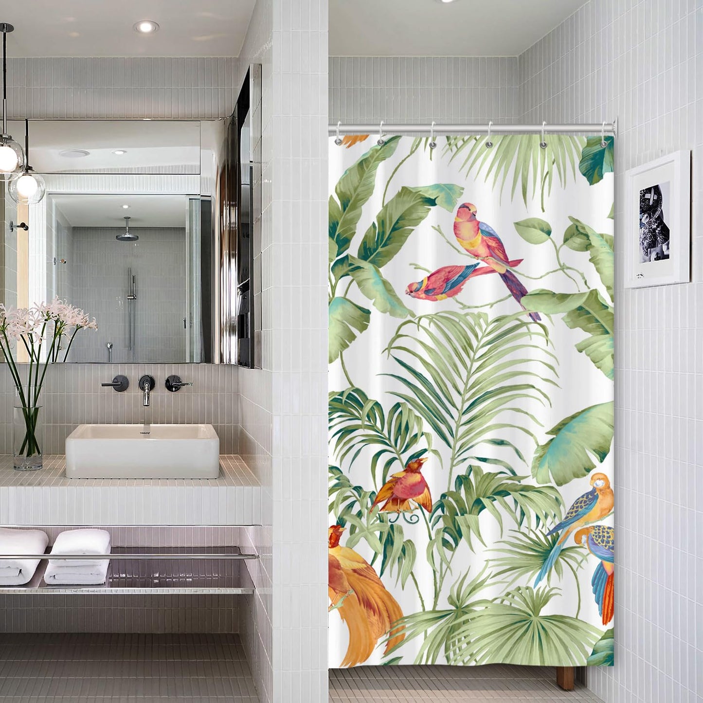 Bovlleetd Botanical Shower Curtain - Small Bathroom Stall, Tropical Plant, Banana Leaves, Spring Hummingbird - Polyester Fabric 92x183cm