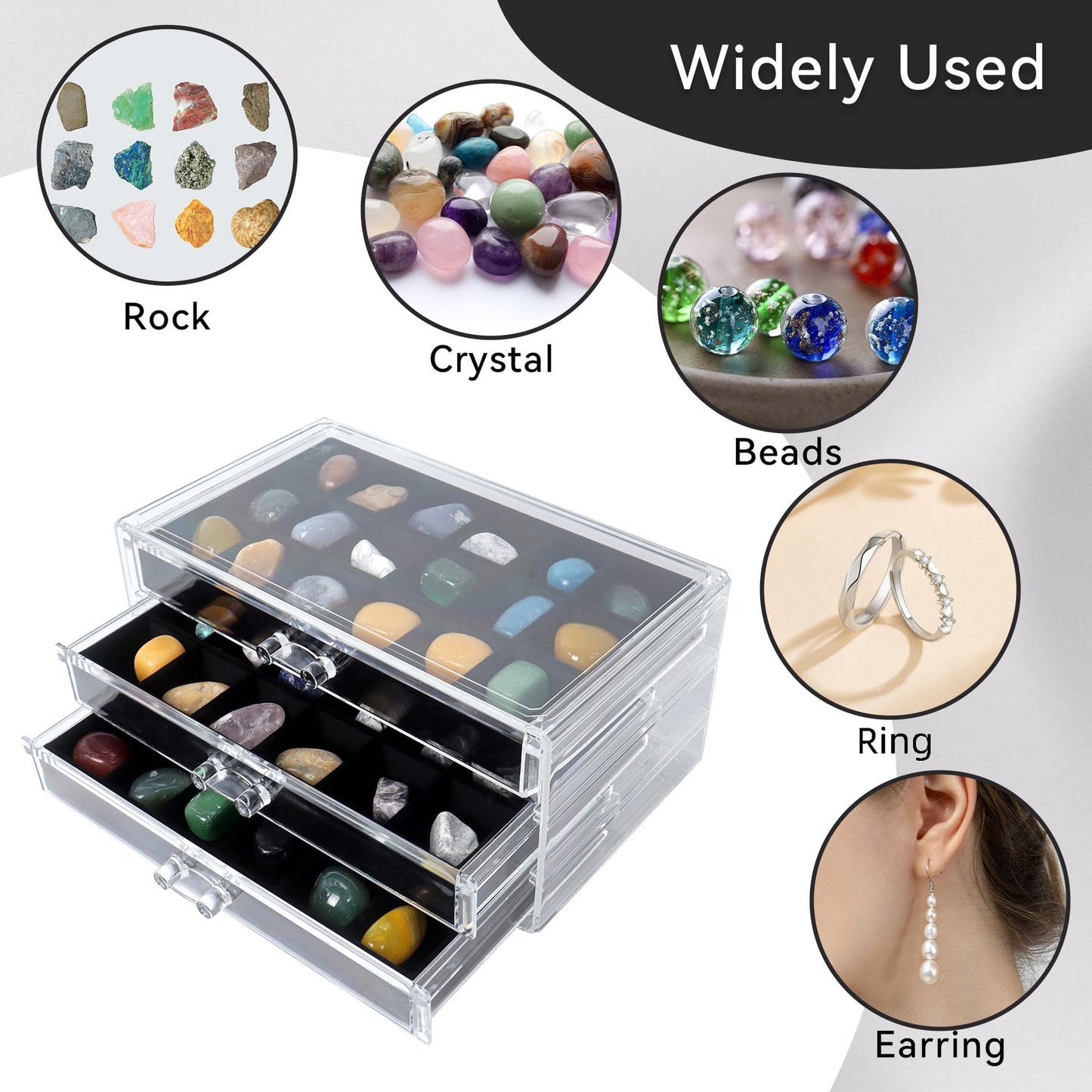 Dmnnlp Rock Display Case, 3 Drawers 54 Grids Rock Collection Box, Storage Cases for Gemstone Fossil Crystal Stone Jewellery (Black)