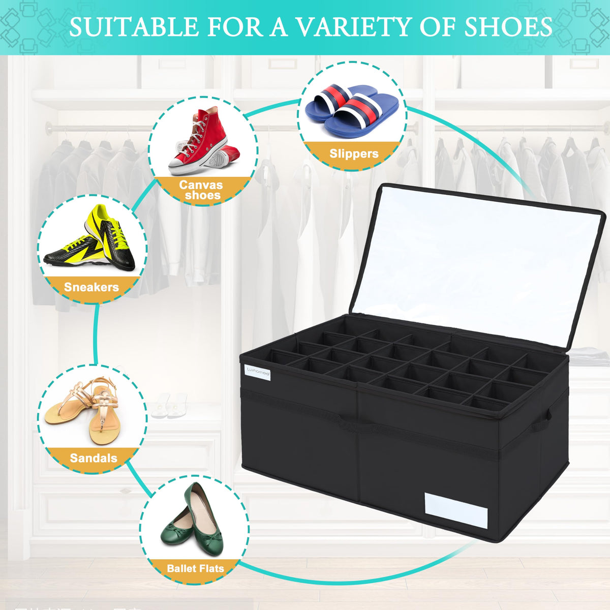 LUVHOMEE Shoe Organiser for Closet, Fits 24 Pairs, Large Shoe Box Storage Containers, Clear Foldable Shoe Storage Bins w/Bottom Support