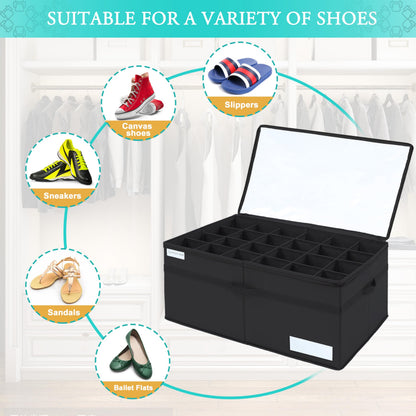 LUVHOMEE Shoe Organiser for Closet, Fits 24 Pairs, Large Shoe Box Storage Containers, Clear Foldable Shoe Storage Bins w/Bottom Support