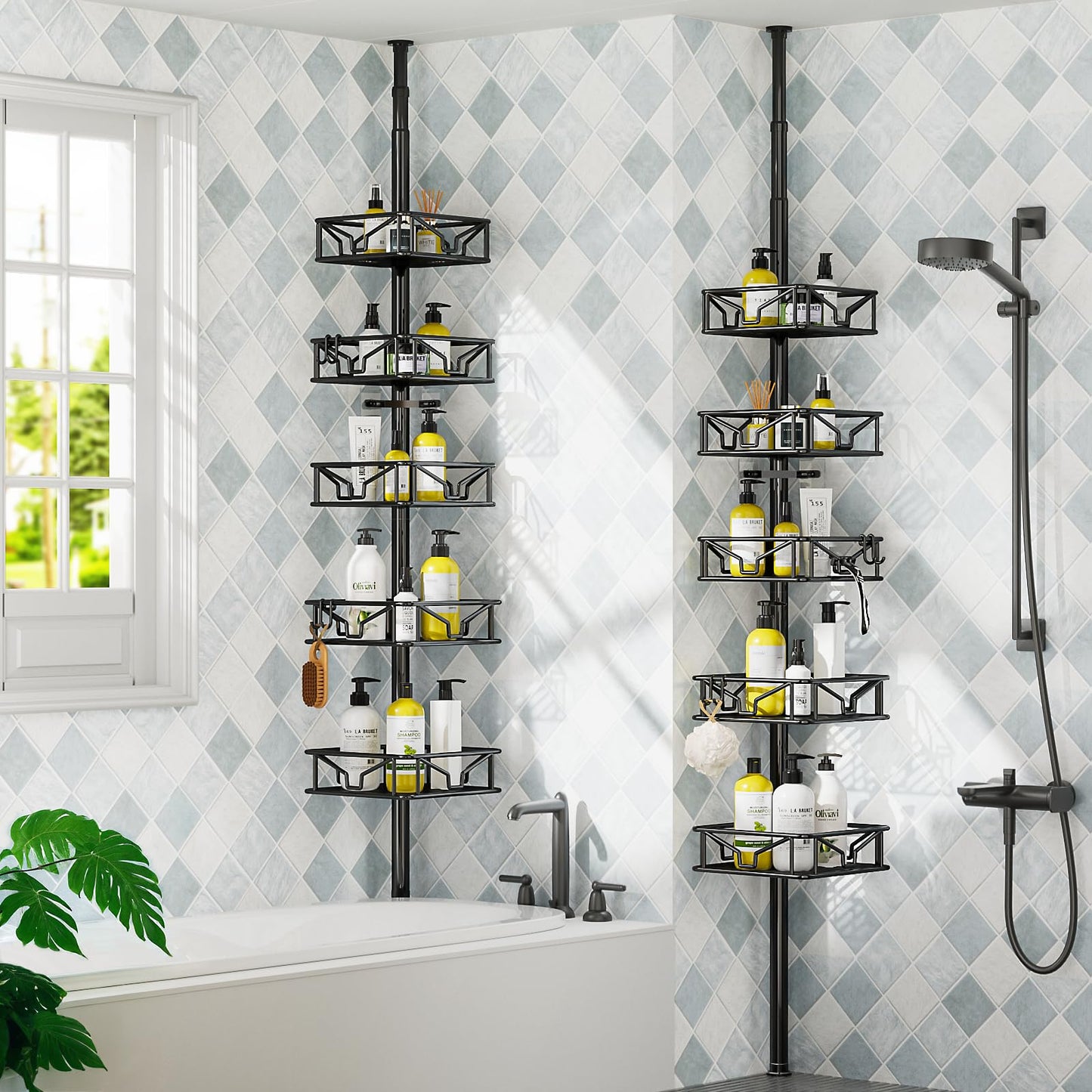 Mutool Adjustable Shower Shelf, Telescopic Shower Caddy with Hooks, No Drilling Corner Shelf with 5 Trays
