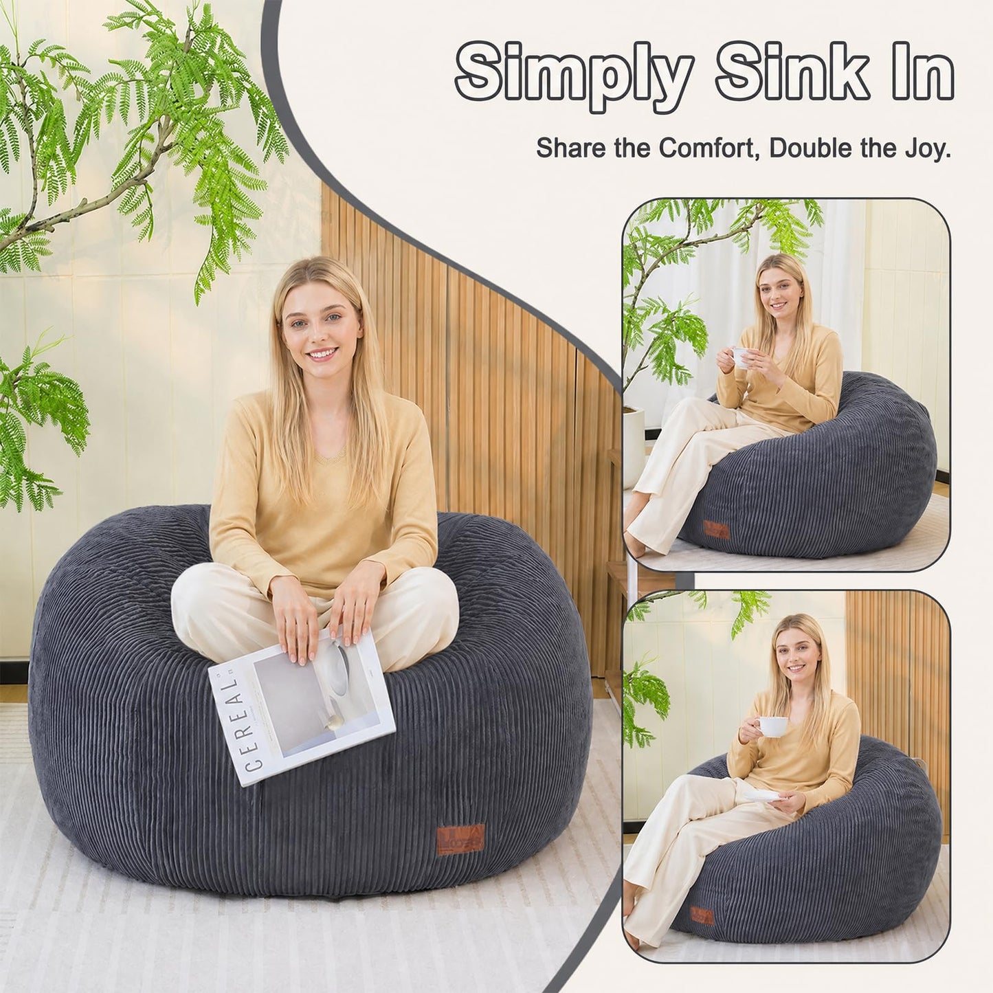 UODERS Oval Bean Bag for Adults Kids & Teens, Large Bean Bag Chair with Corduroy Cover with Handle