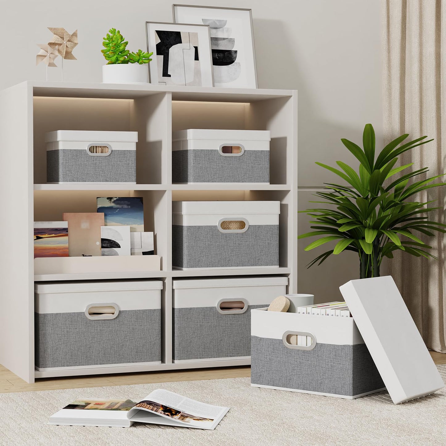 Yawinhe Storage Bins with Lids and Handles 2 Pack,38x25x25cm,White/Grey